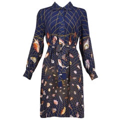 1970's Gucci Graphic Silk Belted Shirtdress W/Iconic Shell Print