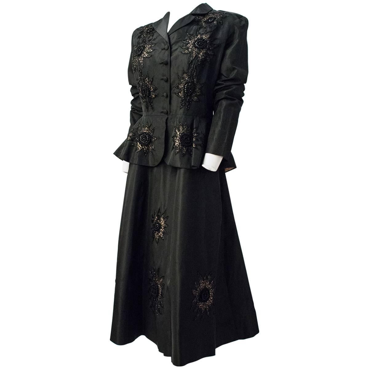 50s Black Taffeta w/ Bead Detail Evening Dress Suit For Sale