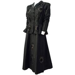 50s Black Taffeta w/ Bead Detail Evening Dress Suit