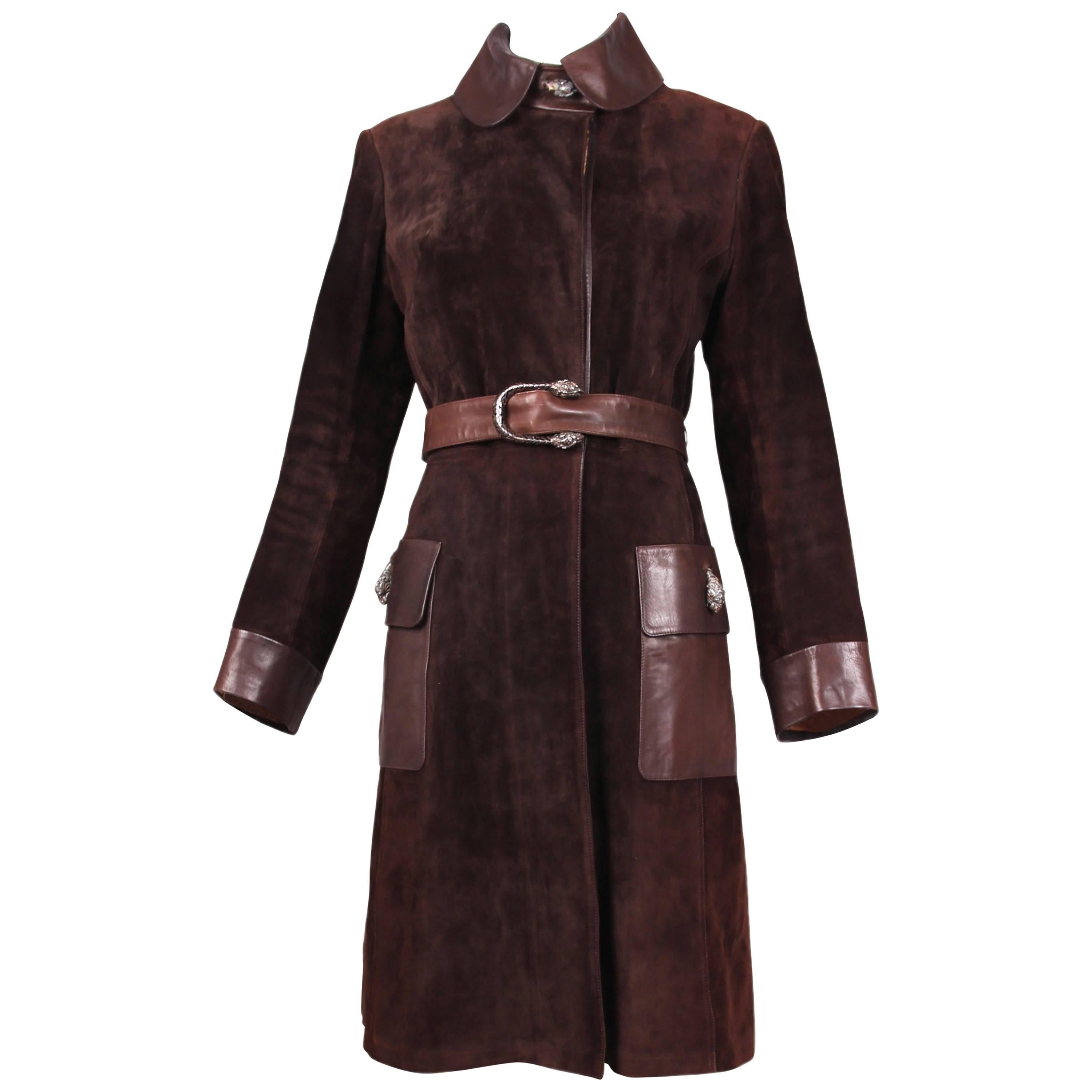 1970s Gucci Brown Suede and Leather Trim Coat W/Sterling Silver Tiger ...