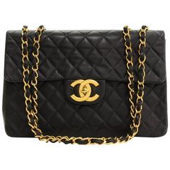 Vintage Chanel 13" Maxi Jumbo Black Quilted Leather Shoulder Flap Bag