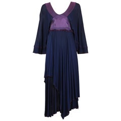 Vintage Zandra Rhodes Navy & Purple Empire Waist Dress W/Bat Wing Sleeves