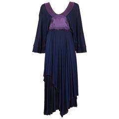 Vintage Zandra Rhodes Navy & Purple Empire Waist Dress W/Bat Wing Sleeves 4