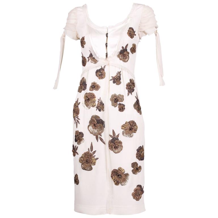 Dice Kayek White Silk Dress w/Floral Beaded Design For Sale at 1stdibs
