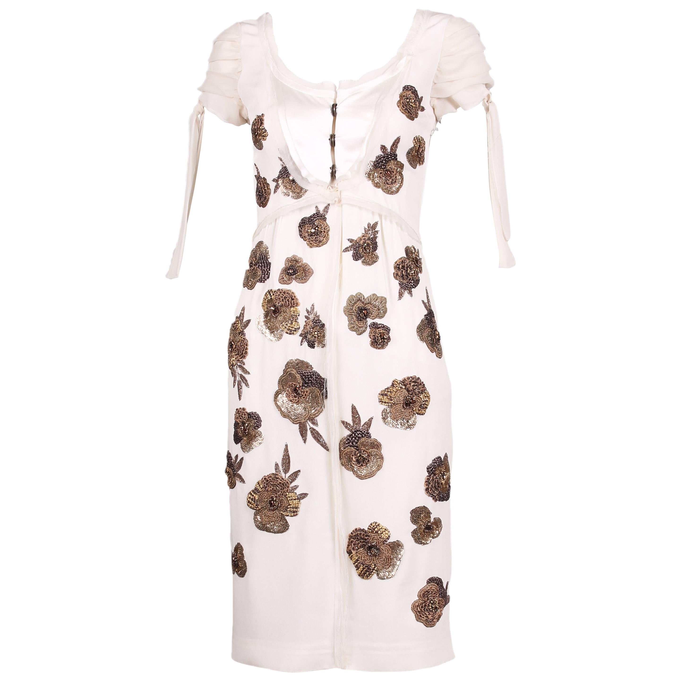 Dice Kayek White Silk Dress w/Floral Beaded Design 
