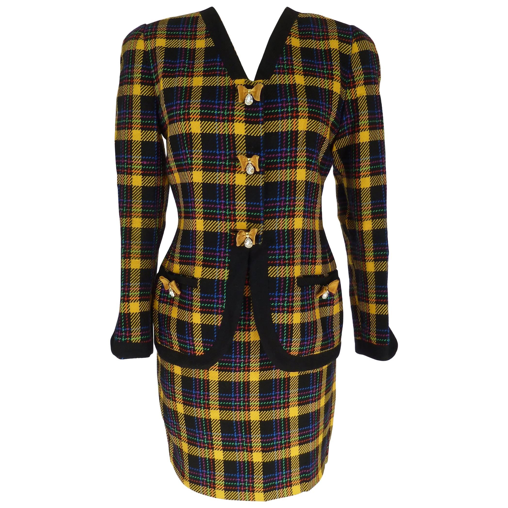Gai Mattiolo 1980s set dress jacket skirt wool boucle check yellow blue size 42