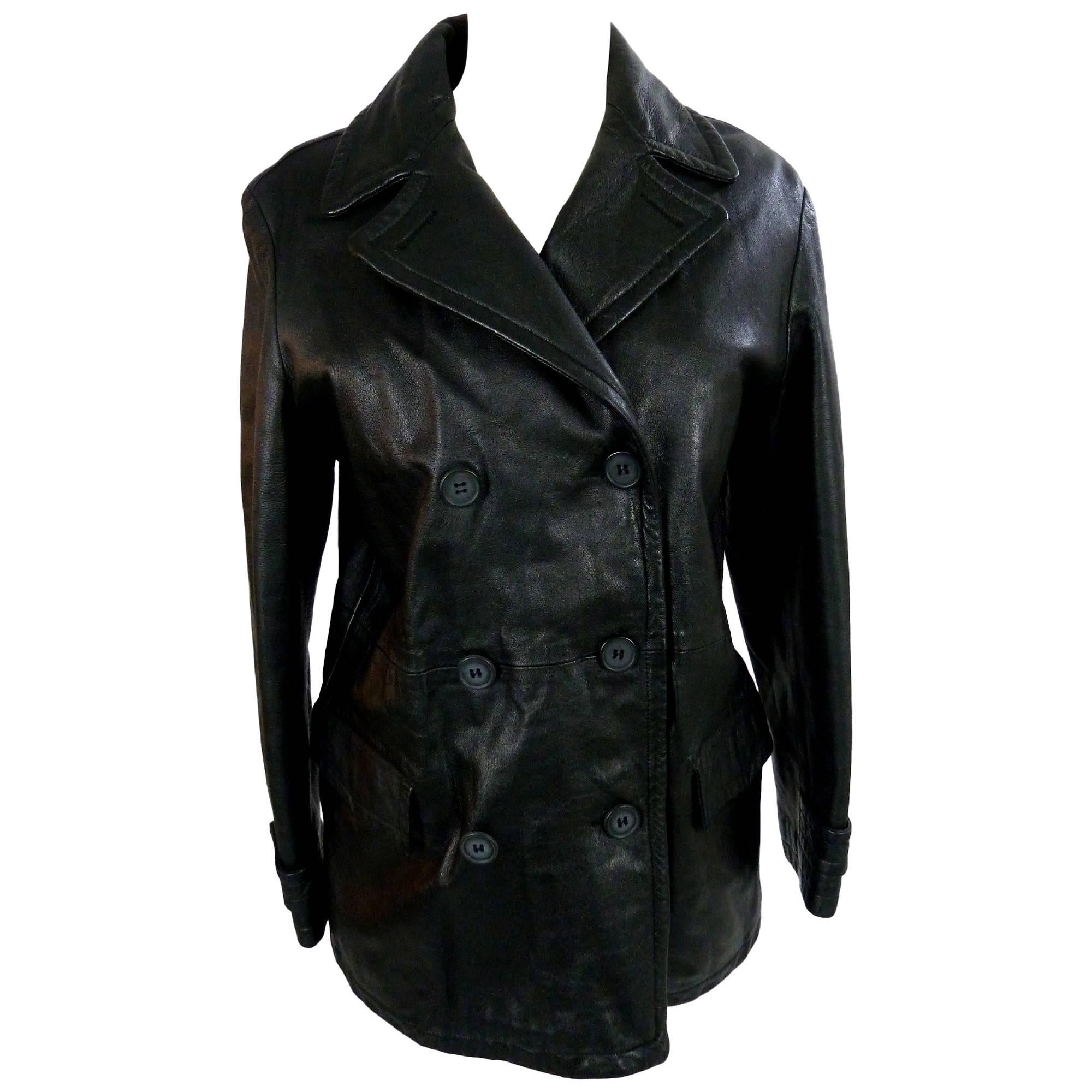 Giorgio Armani Peacoat Leather Black Double Breasted Italian Coat Jacket, 1980 For Sale