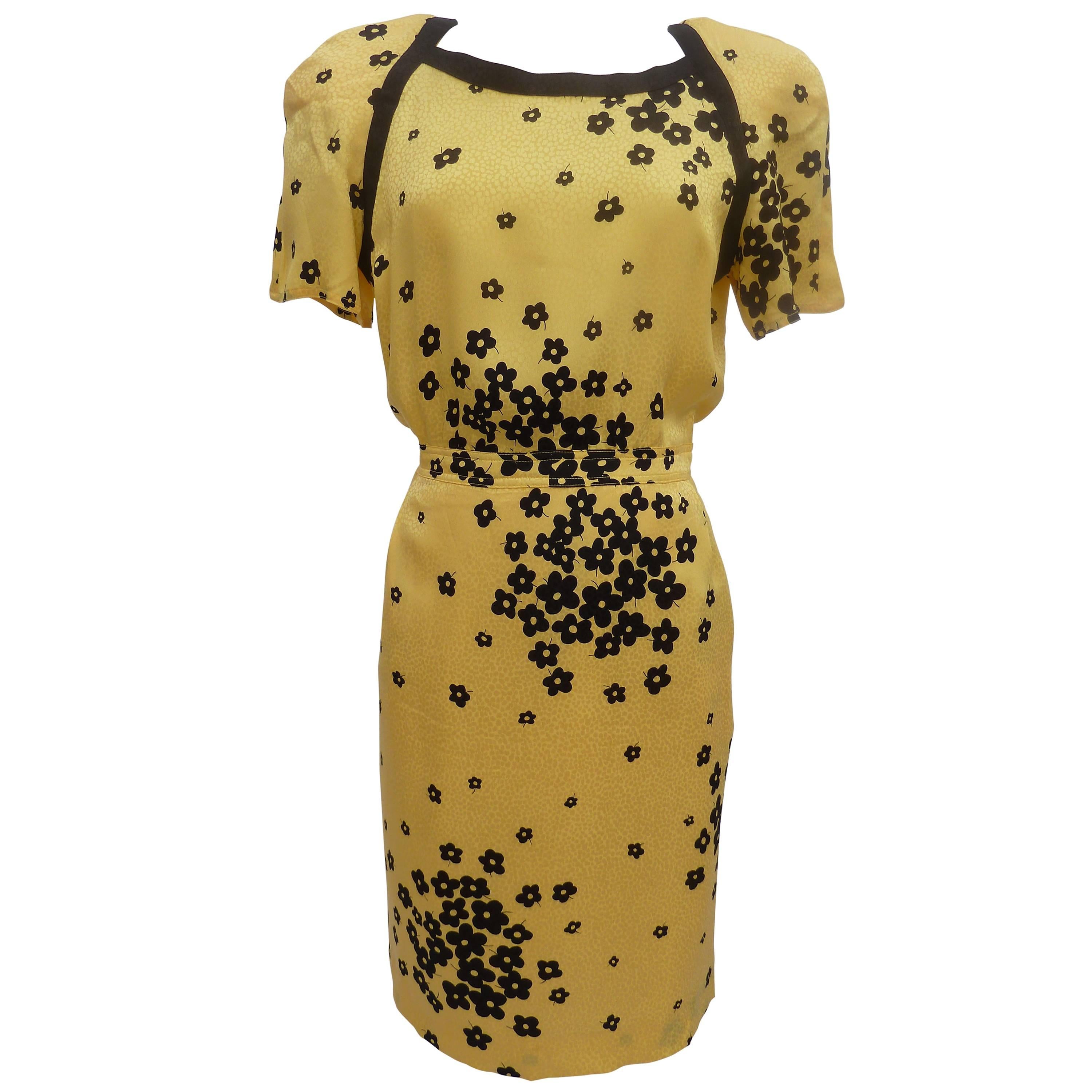 Valentino Sheat Yellow Silk Italian Floral Cocktail Party Dress, 1990