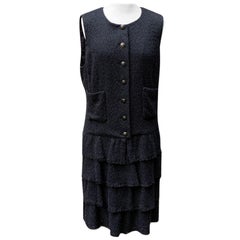 Chanel 2012 Black Cotton Tweed Tiered Sleeveless Dress Size 44 FR