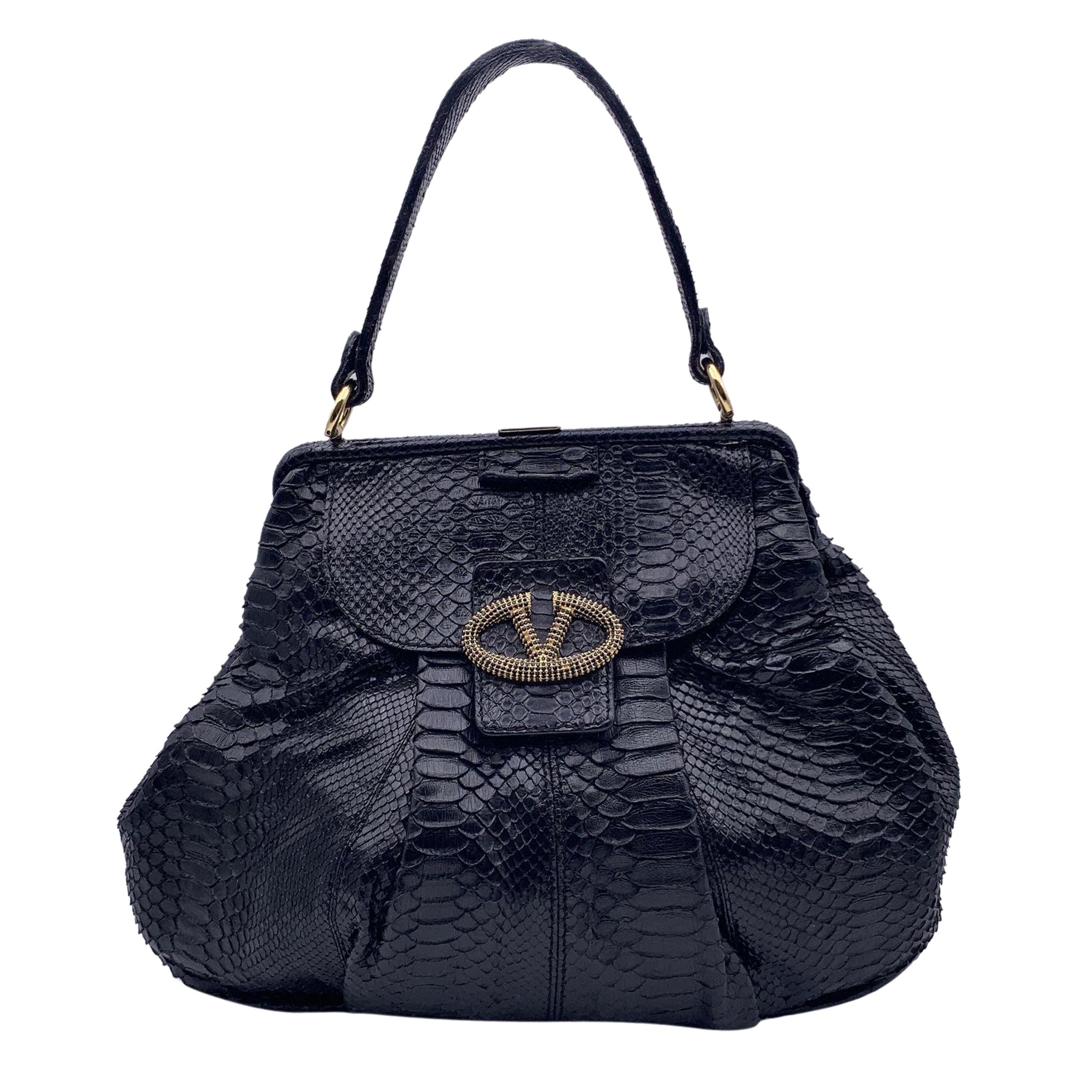 Valentino Garavani Vintage Black Leather V Crystal Logo Large Tote For Sale