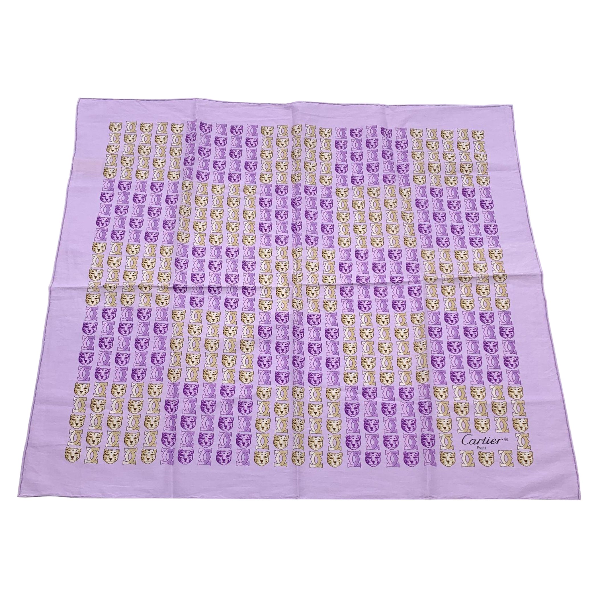 Cartier Vintage Lilac Yellow Logos and Leopard Cotton Small Scarf For Sale