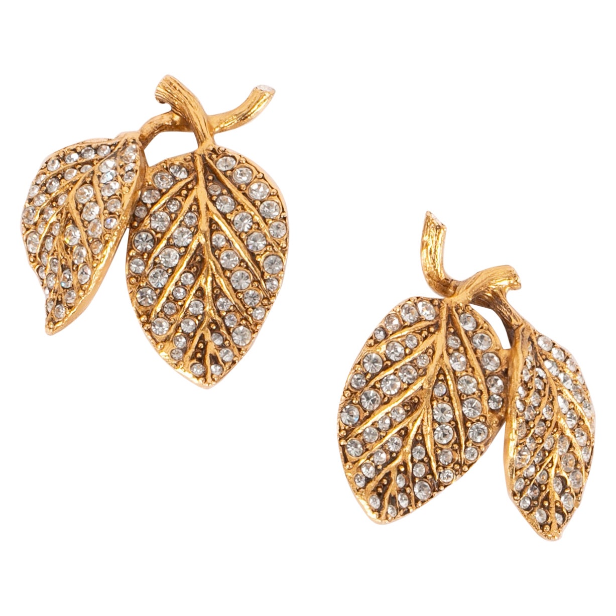 Christian Dior Golden Metal Clip-on Earrings with Rhinestones