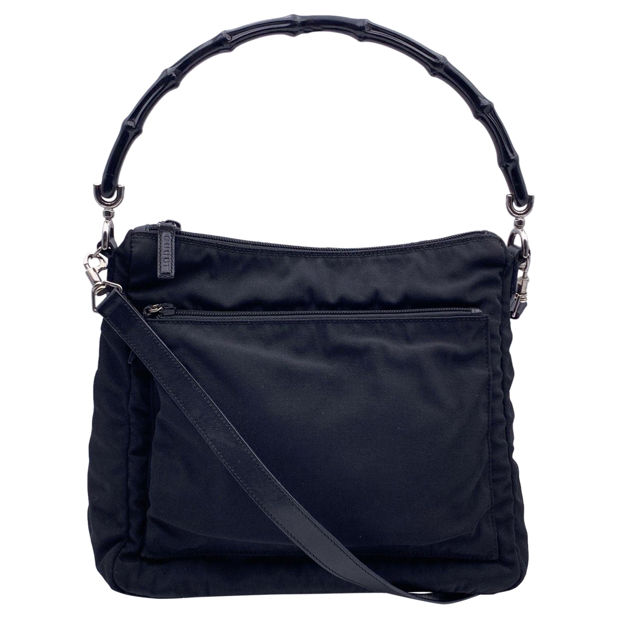 Gucci Black Nylon Canvas 2 Way Bamboo Handle Shoulder Bag For Sale