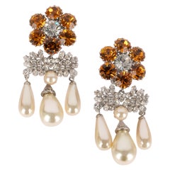 Vintage Christian Dior Silvery Metal Clip-on Earrings with Rhinestones