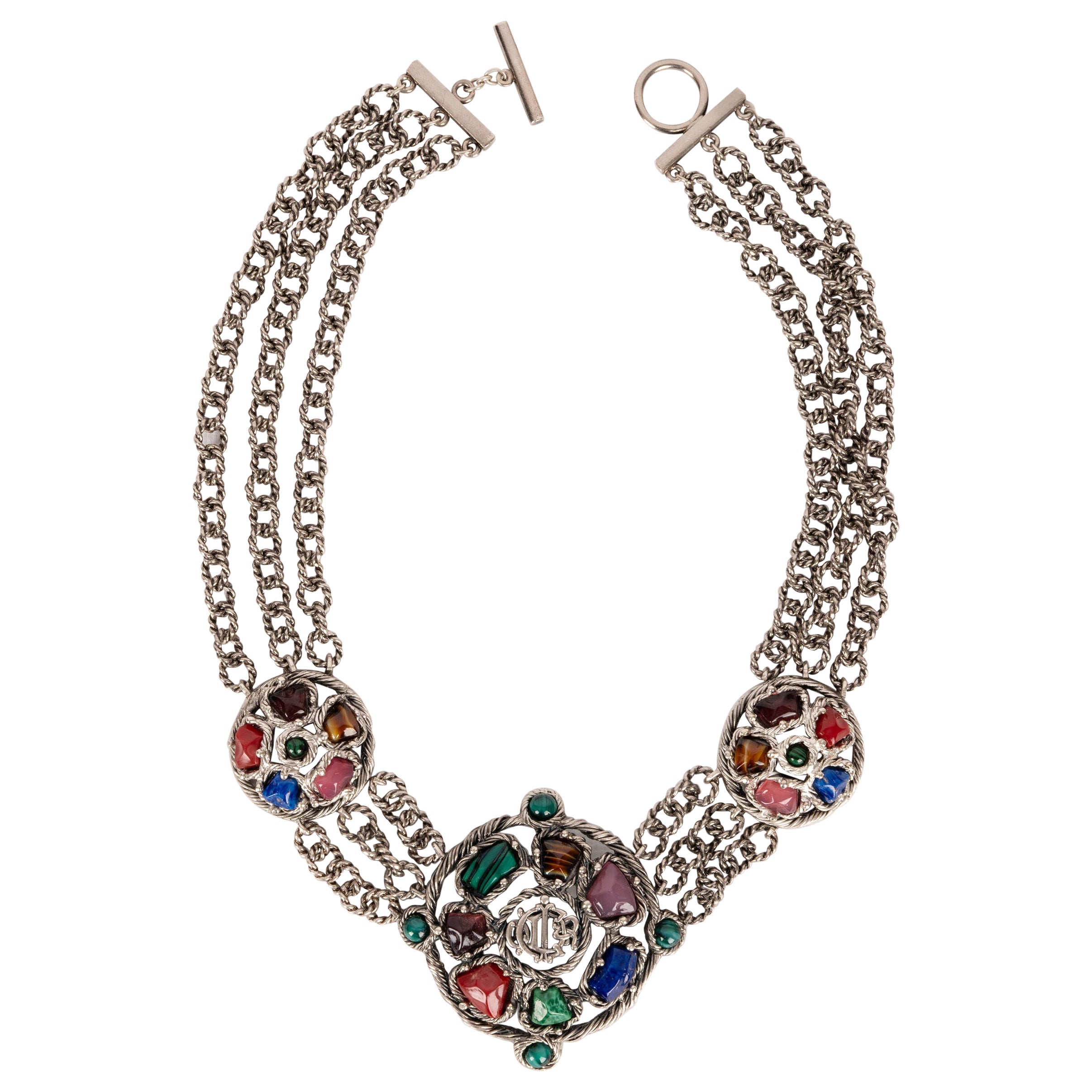 Christian Dior Silvery Metal Necklace with Glass Paste Cabochons, 1990 For Sale