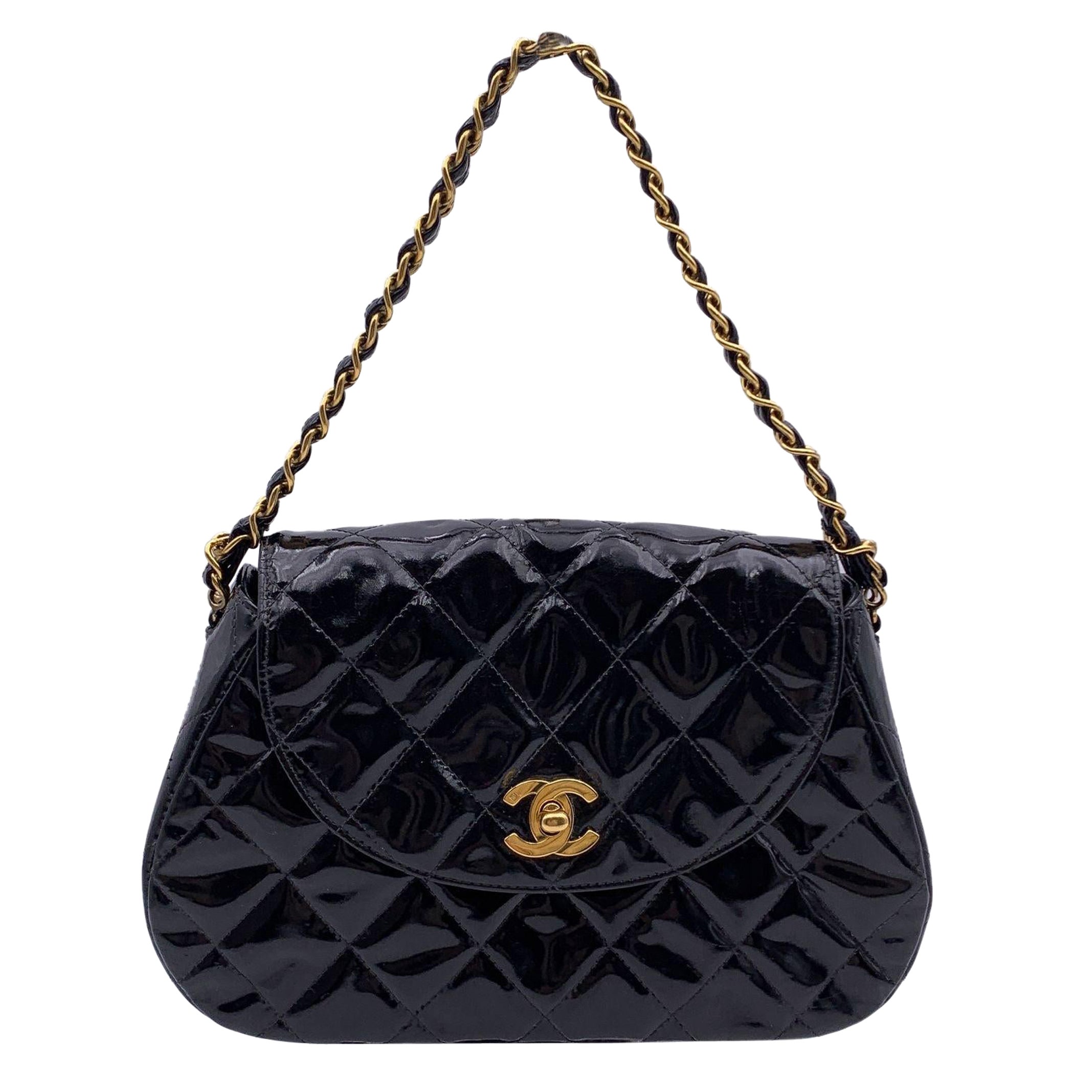 Chanel Vintage Black Quilted Patent Leather Chain Handle Bag For Sale