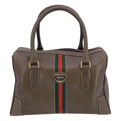 Gucci Vintage Light Brown Leather Web Boston Bag Handbag