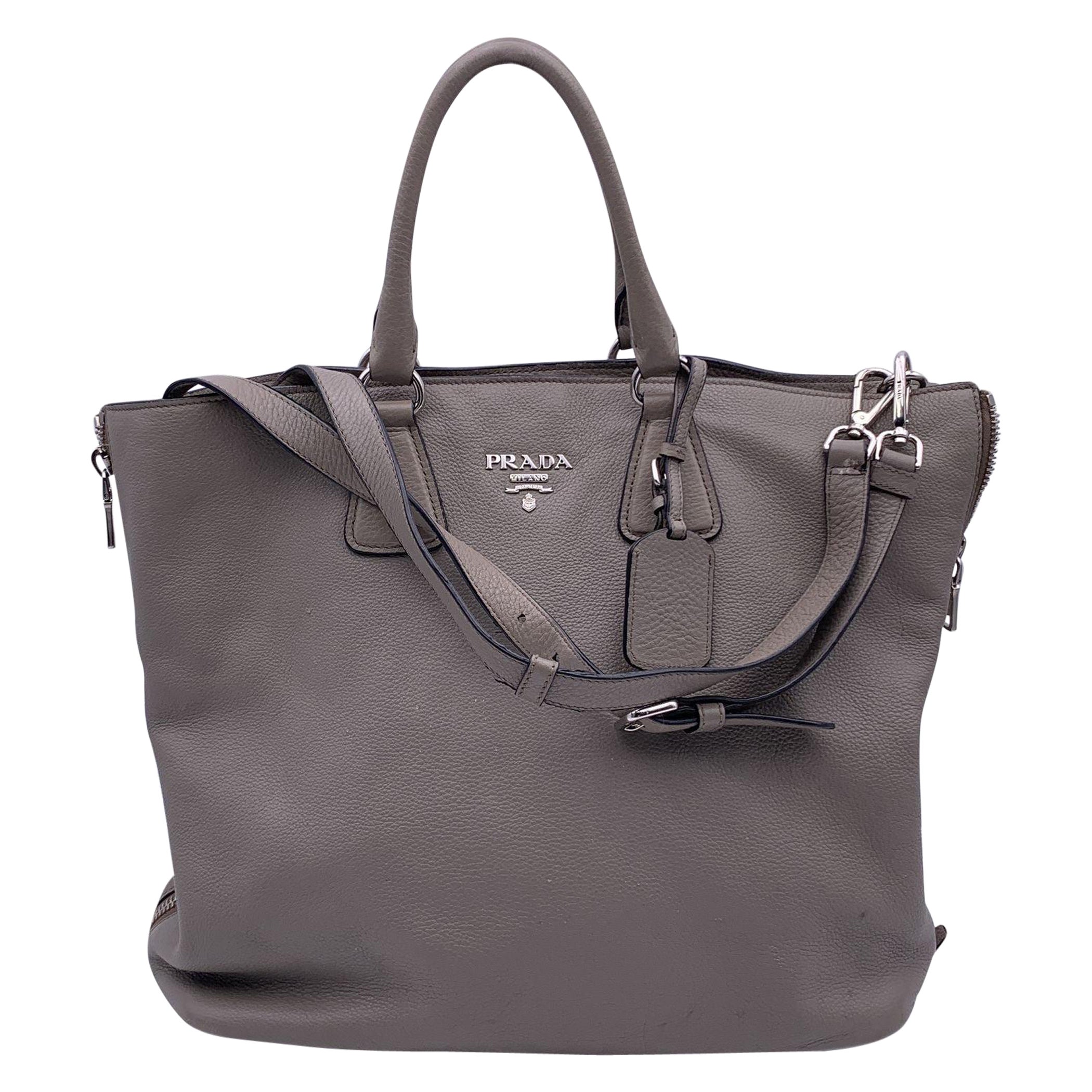Prada Grey Taupe Leather Tote Satchel Bag with Strap BN2419 For Sale