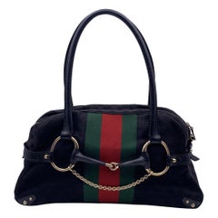 Gucci Black Monogram Canvas Striped Horsebit Satchel Bag