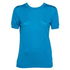 Roberto Cavalli Blue Silk Knit Cut-Out Pattern Detailed Top M