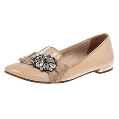 Miu Miu Nude Patent Leather Crystals Bow Ballet Flats Size 37
