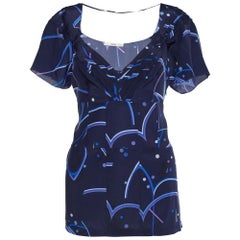 Prada Blue Geometric Print Crepe de Chine Silk Blouse L