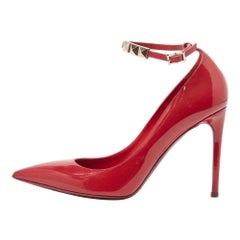 Valentino Burgundy Patent Leather Ankle Strap Pumps Size 39.5
