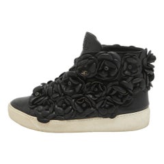 Chanel Black Leather Camelia High Top Sneakers Size 38.5