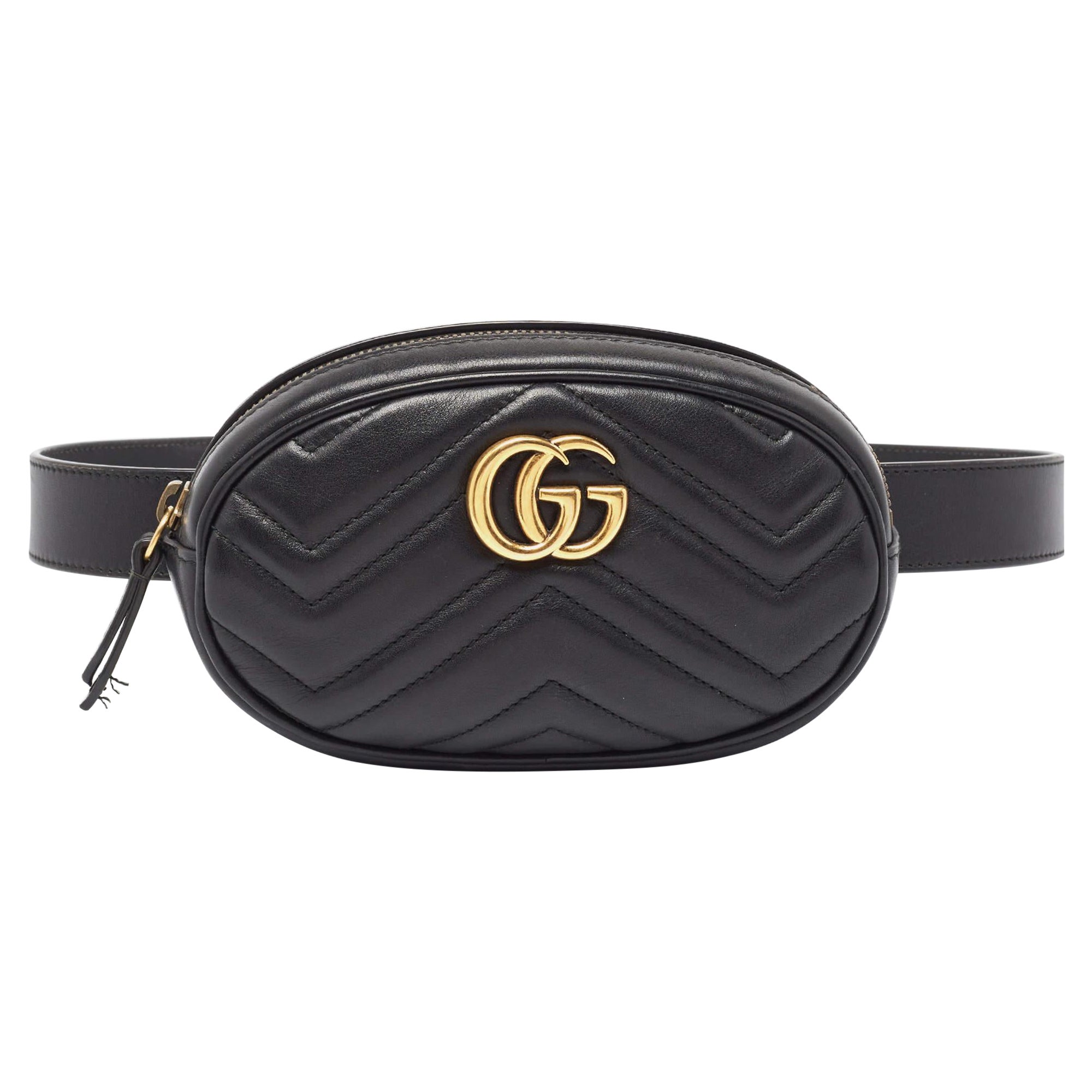 Gucci Black Matelass&eacute; Leather Mini GG Marmont Belt Bag For Sale