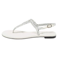 Chanel Silver Twisted Leather Slingback Flat Sandals Size 40.5