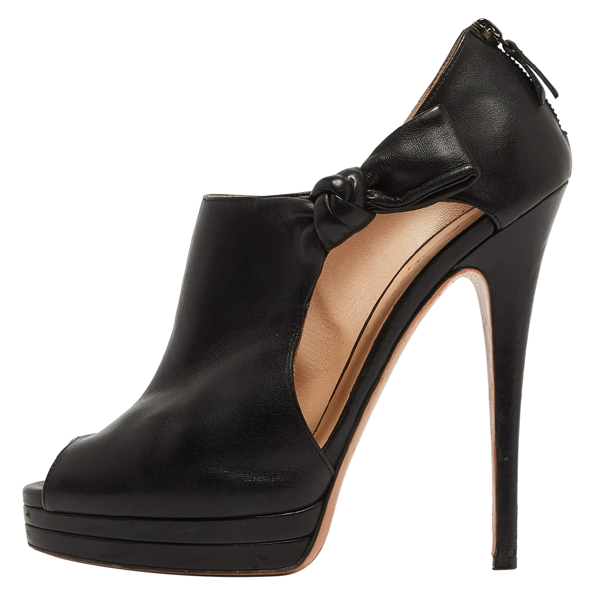 Casadei Black Leather Cutout Peep Toe Platform Booties Size 40 For Sale