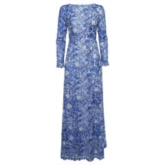 Tadashi Shoji Blue Floral Pattern Lace Long Sleeve Maxi Dress S
