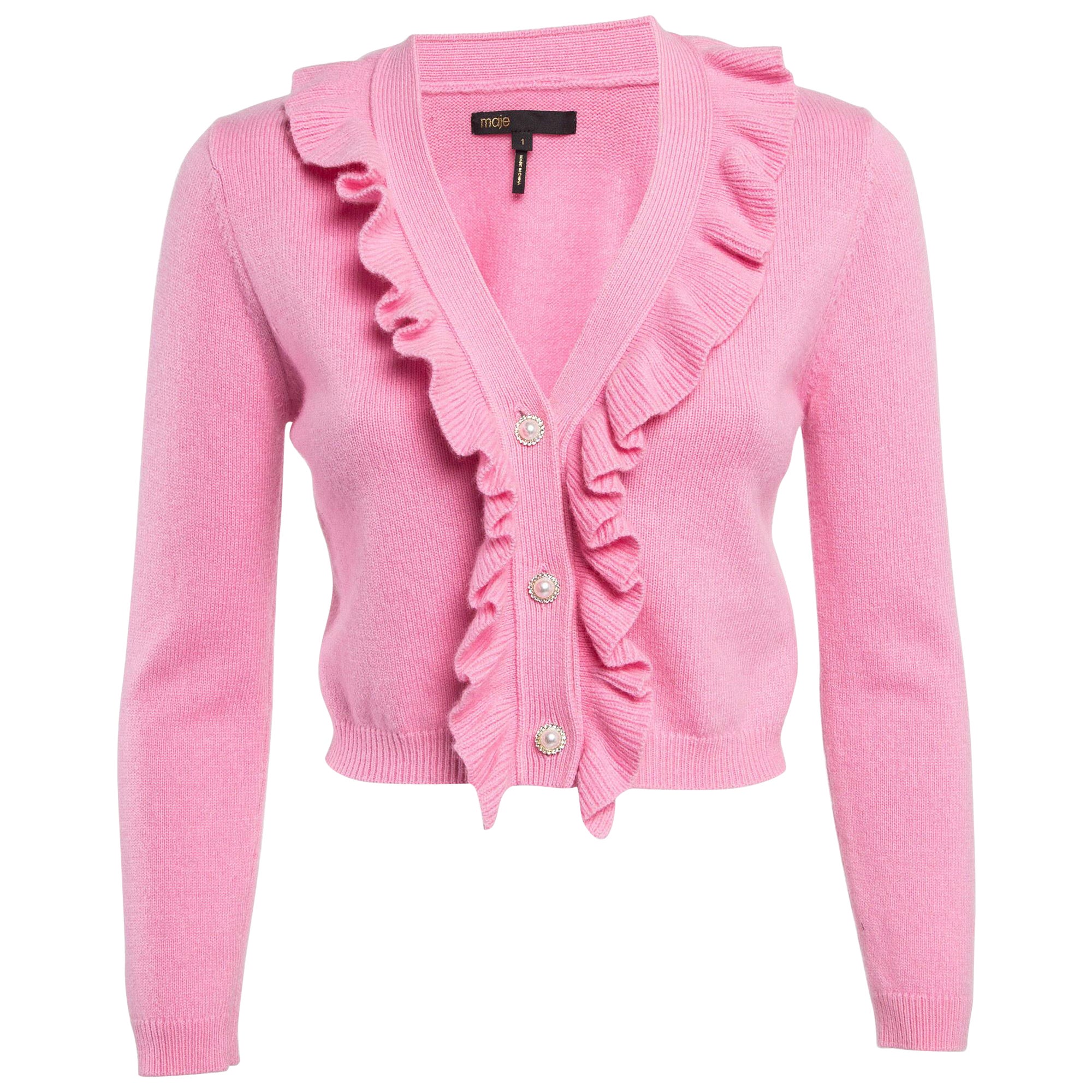 Maje Pink Rib Knit Molantti Frill Detail Cardigan S
