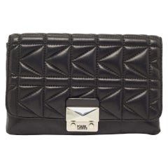 Karl Lagerfeld Black Quilted Leather Pushlock Flap Clutch