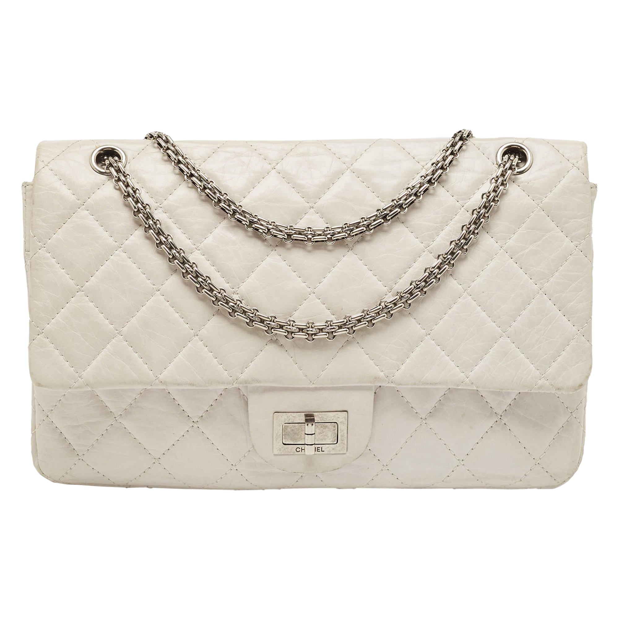 Chanel Blanco Acolchado Cuero Envejecido Reissue 2.55 Classic 227 Bolso con Solapa