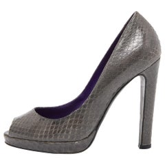 Sergio Rossi Gris Watersnake Cuero Peep Toe Bombas Tamaño 36.5