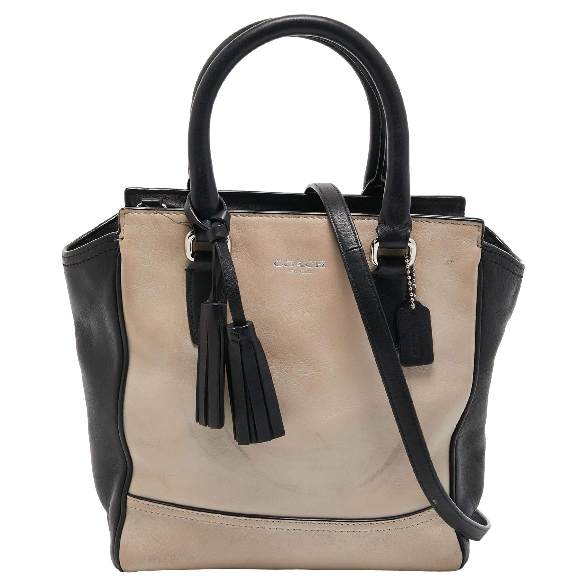 Coach Black/Beige Leather Tassel Tote For Sale
