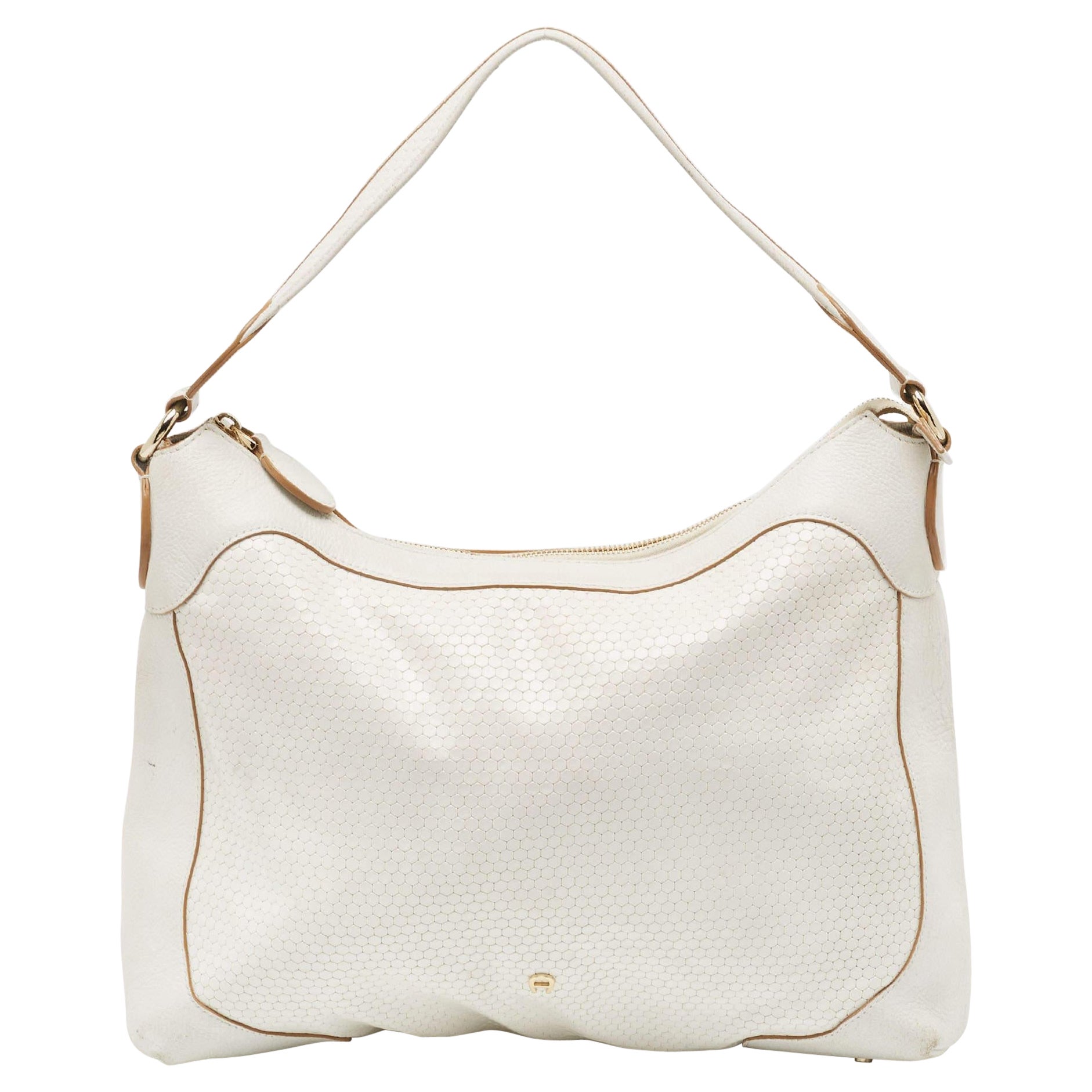 Aigner White Embossed Leather Zip Hobo