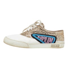 Miu Miu White/Gold Leather and Glitter Low Top Sneakers Size 41