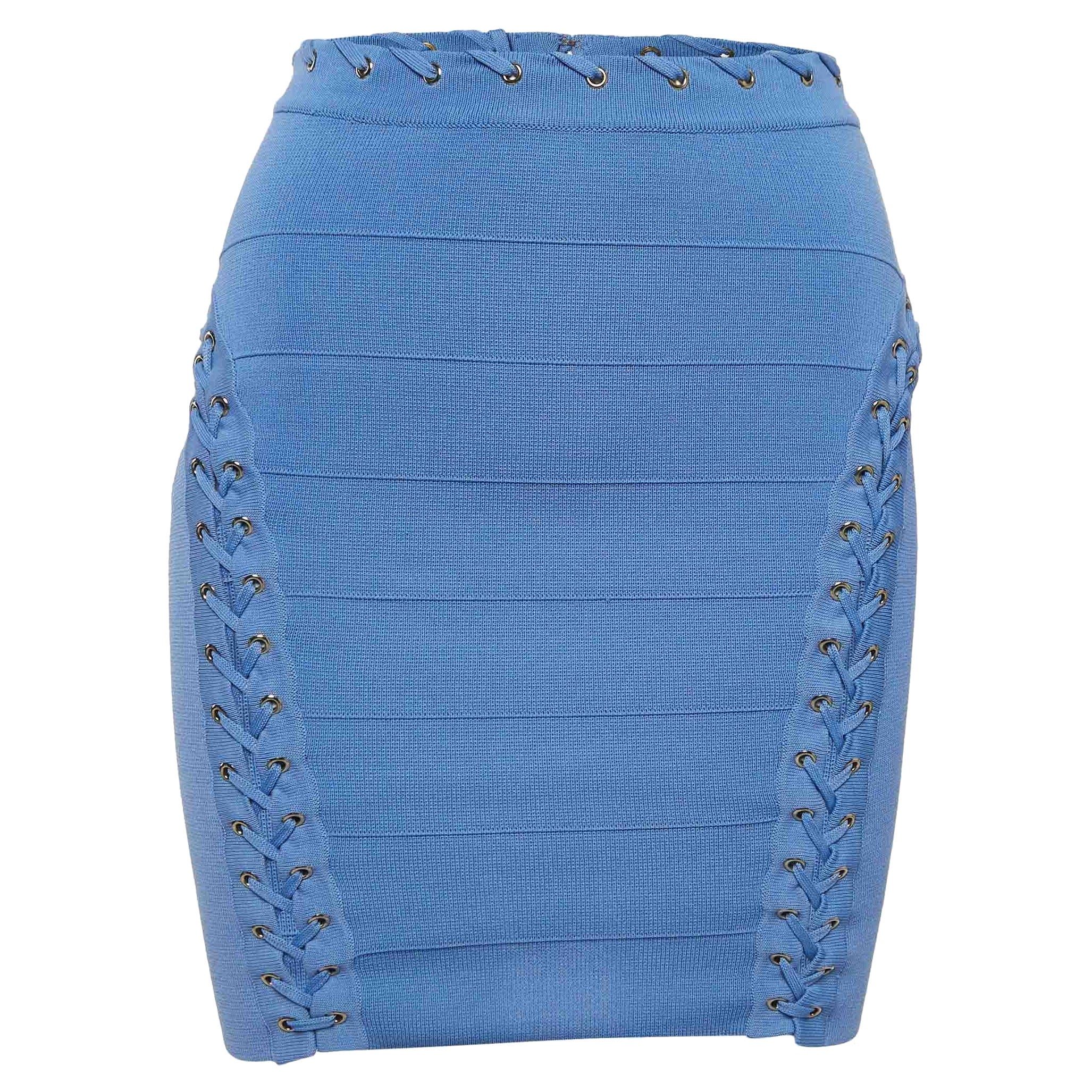 Elisabetta Franchi Minifalda de punto azul con detalle de encaje y ojales S