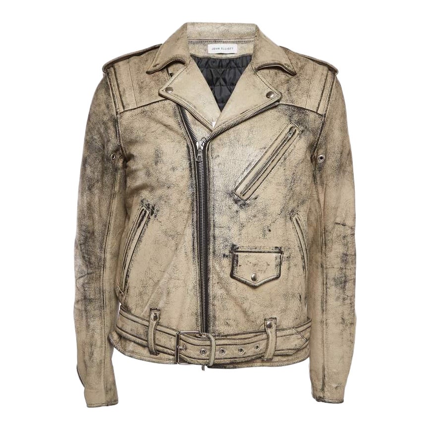 John Elliott X Blackmeans Beige Distress Ivory Paint Leather Riders Jacket XL For Sale