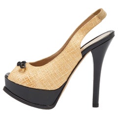 Fendi Yellow Woven Raffia & Patent Leather Fendista Bow Slingback Pumps Size 37