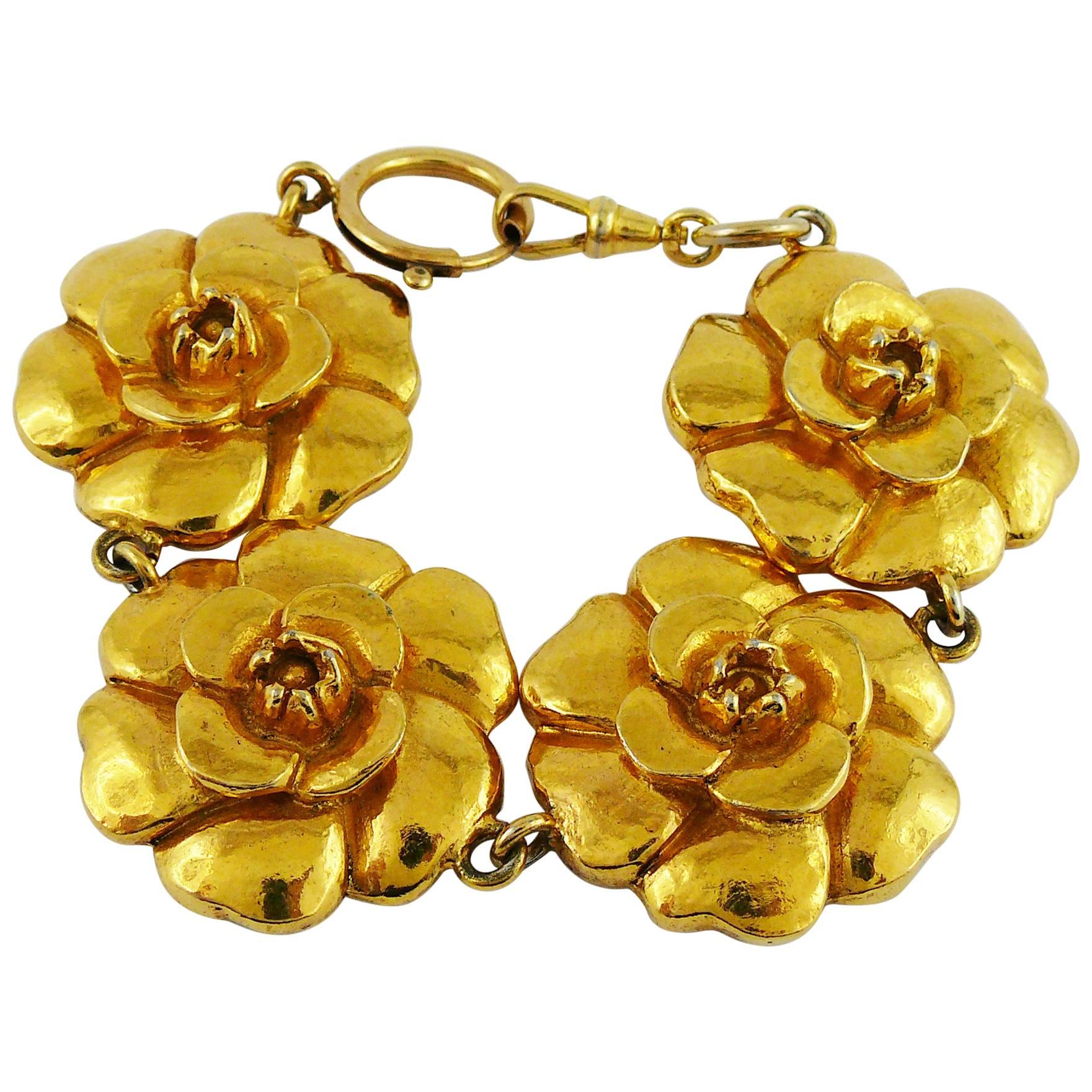 Chanel Vintage Gold Toned Iconic Camellia Bracelet