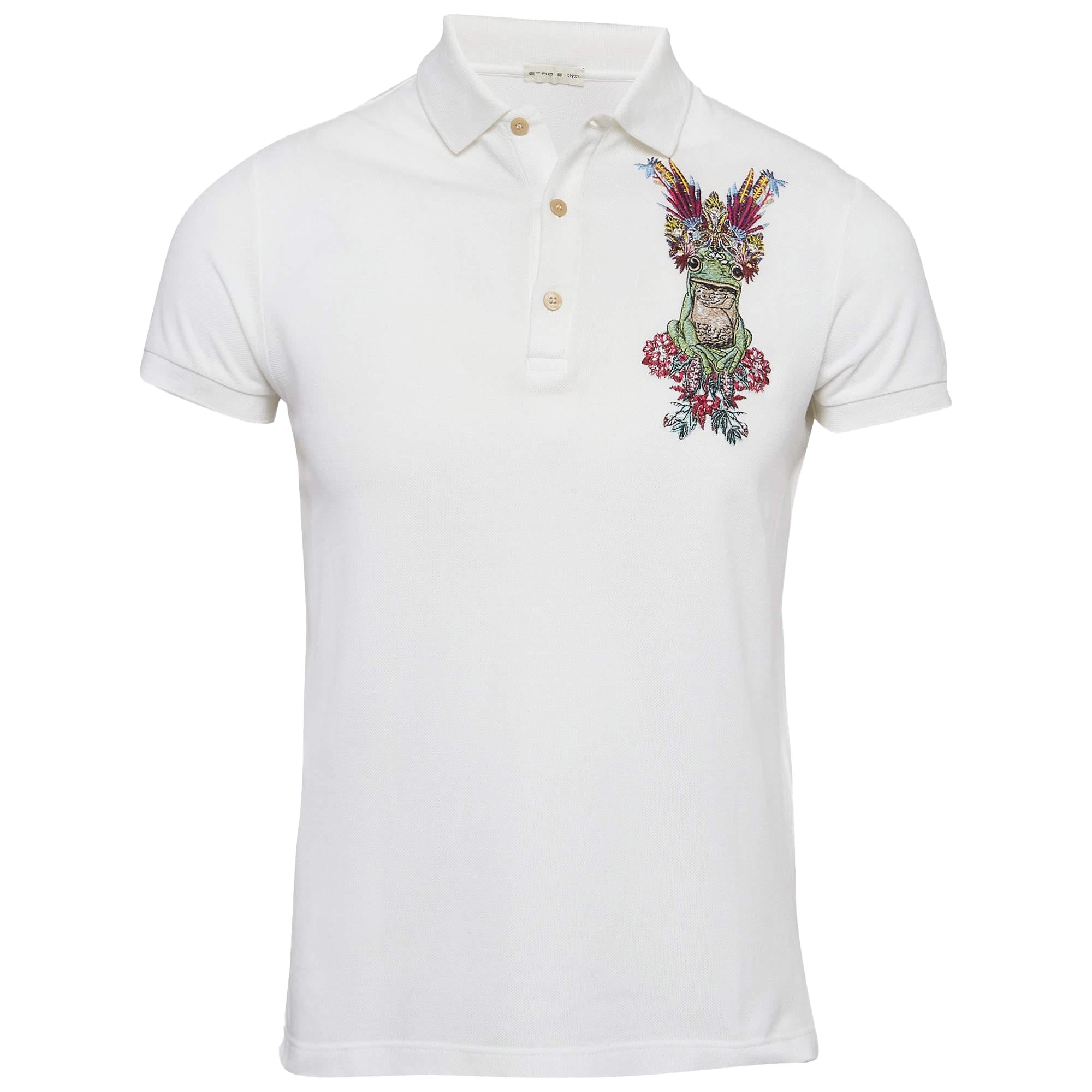 Etro White White Embroidered Cotton Polo T-Shirt S en vente
