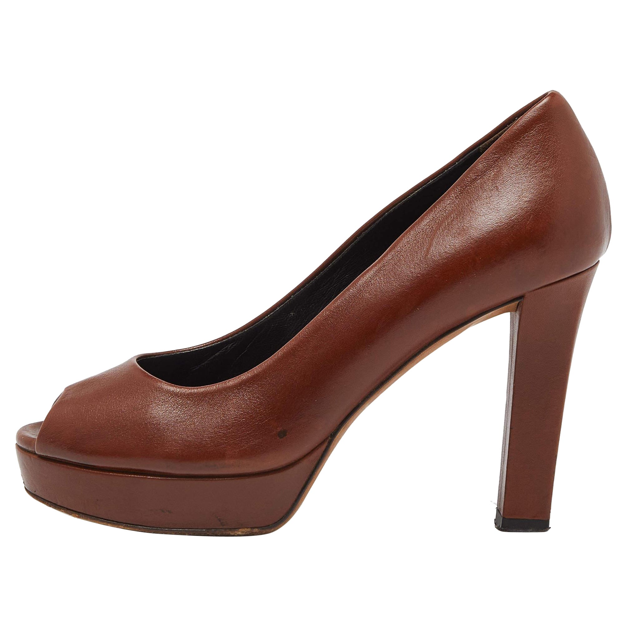 Gucci Brown Leather Peep Toe Platform Pumps Size 36.5 For Sale