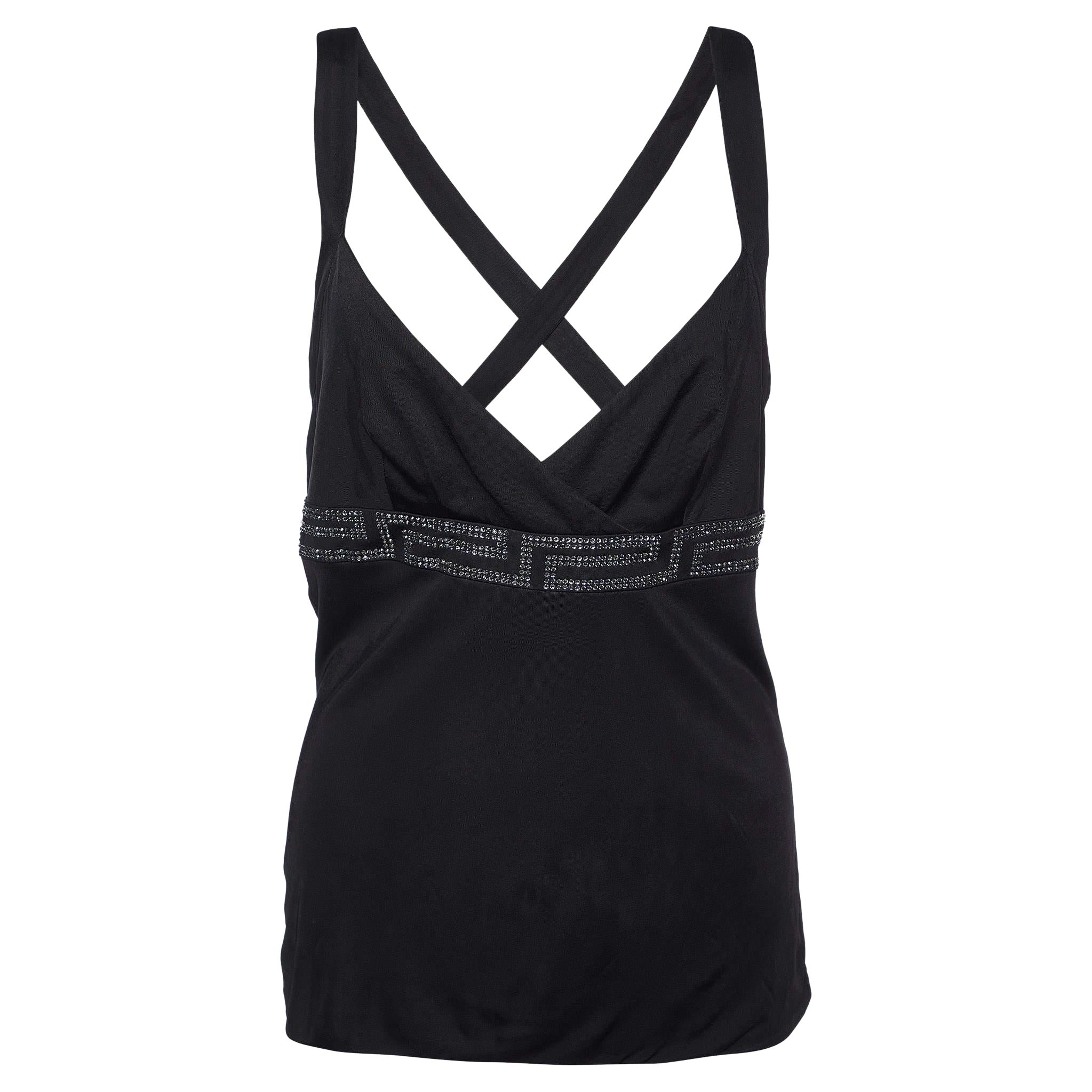 Versace Black Jersey Crystal Greca Embellished Tank Top M For Sale