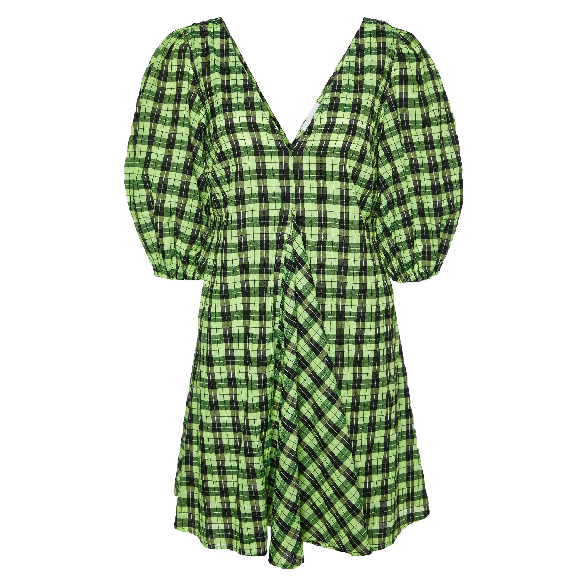 Ganni Neon Green/Black Checkered Cotton Puff Sleeve Dress XS For Sale