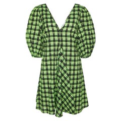Ganni - Vestito con maniche a sbuffo in cotone a scacchi verde neon e nero XS