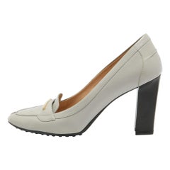 Tod's Grey Leather Block Heel Loafer Pumps Size 41