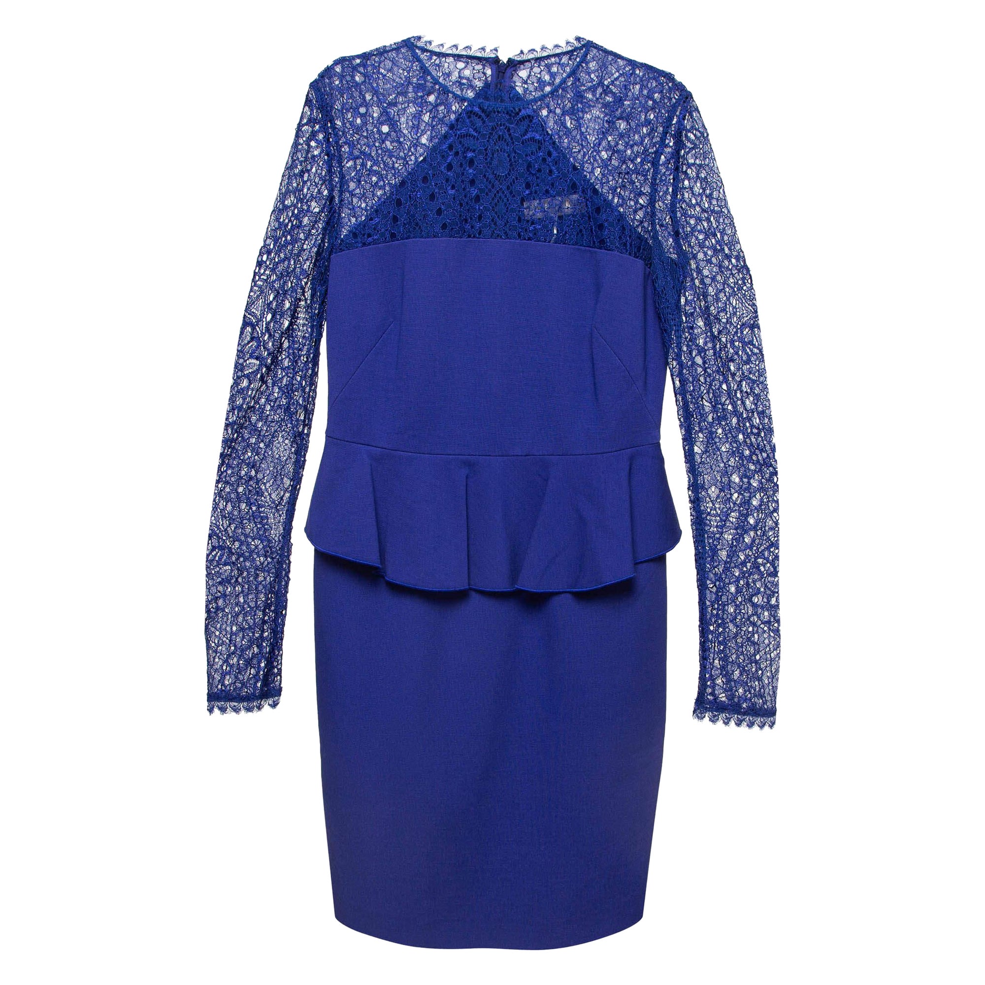 Emilio Pucci Blue Lace Trim Stretch Crepe Peplum Pencil Dress L For Sale